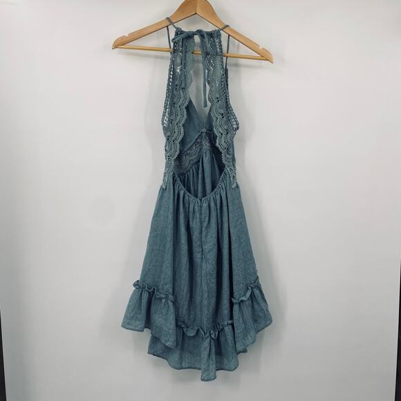 Hello Molly Crochet Detail Mini Swing Dress Halter Open Back V Neck Turquoise XS - Picture 5 of 9